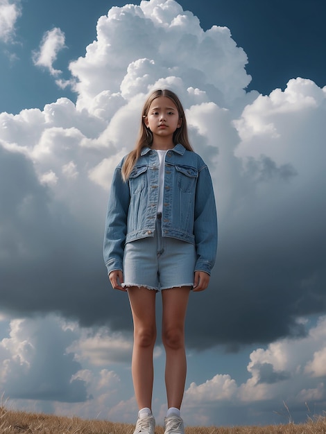 A girl stands with clouds around her