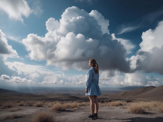 A girl stands with clouds around her