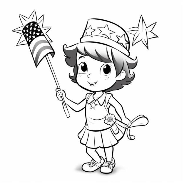 A girl in a star hat is holding an american flag.