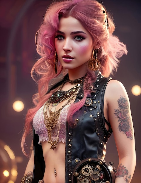 Girl in steampunk style Pink hair Generative AI