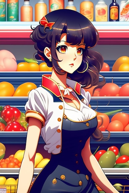 A girl in a store with a fruit stand
