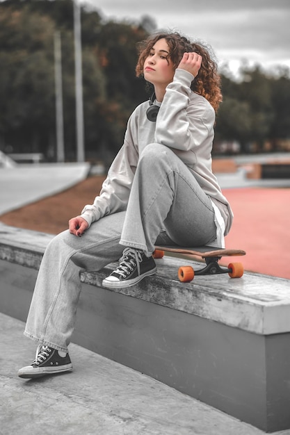 Girl straightening her hair sitting on skateboard