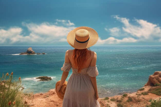 a girl in a straw hat looks at the ocean