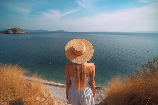 a girl in a straw hat looks at the ocean