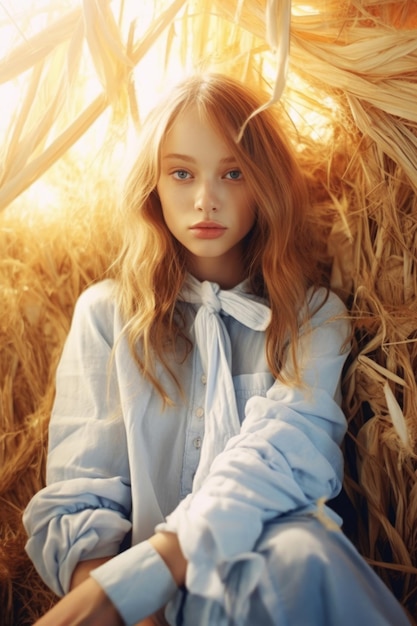 Premium AI Image | A girl in a straw hat sits in a straw bale.