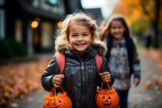 Девушка на улице во время Хэллоуина держит тыквы, наполненные конфетами