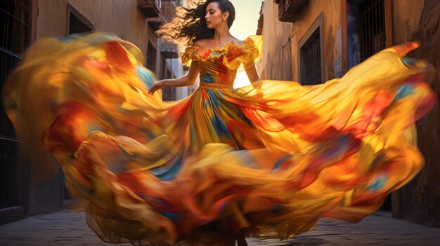 メキシコ・シティの街で金色の光のスタイルでカラフルな伝統的なパフォーマンスをしている女の子
