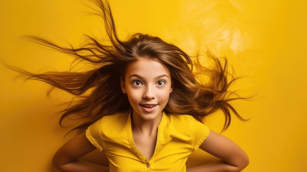 Photo girl striking a wow position against a vibrant yellow background exuding surprise and delight girl face