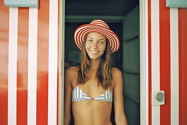 줄무늬 비키니를 입은 소녀가 빨간색과 흰색 줄무늬 해변 모자를 쓰고 창가에 서 있습니다.