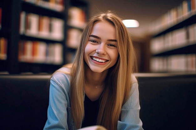 girl student sits in the library with books smiling and looking at the camera Education un