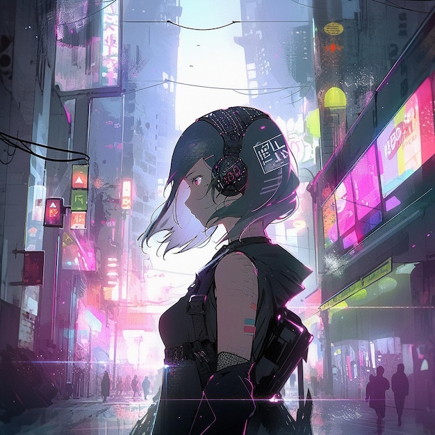 Photo a girl in the style of cyberpunk and anime