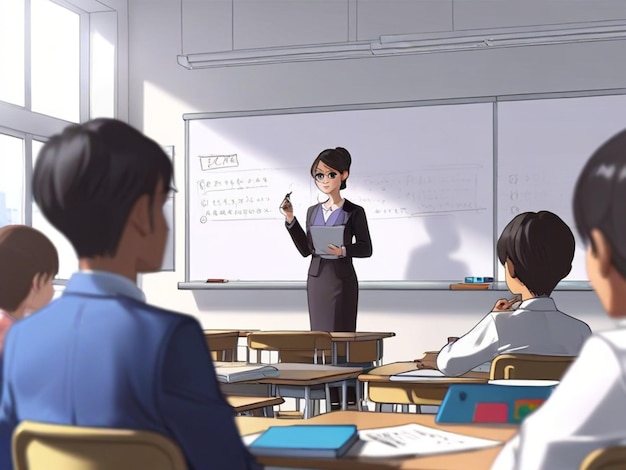 a girl in a suit stands in front of a whiteboard with the word hi on it