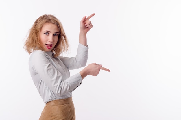 Girl in a suit on a white background