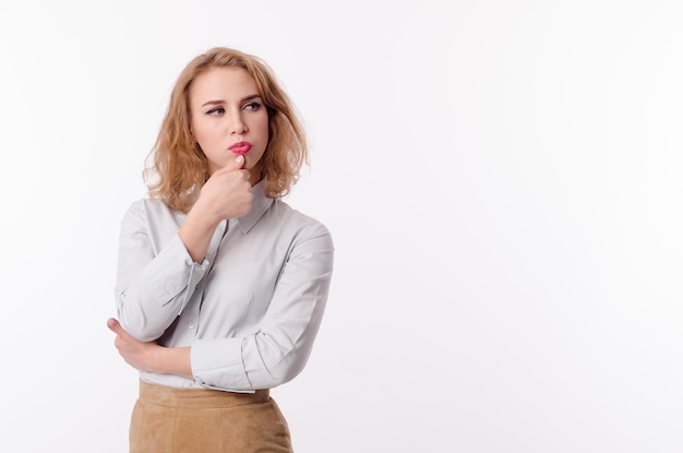 Girl in a suit on a white background