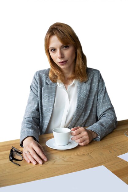 Girl in a suit with a cup of coffee on a white background