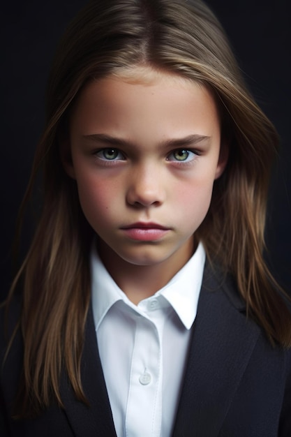 A girl in a suit with green eyes looks at the camera.