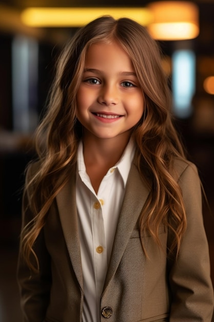 A girl in a suit with long hair and a white shirt