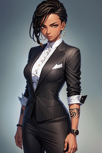 A girl in a suit with a tattoo on her left arm