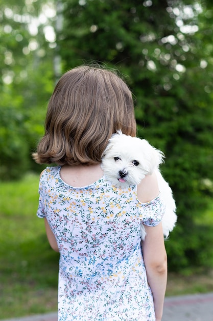 A girl in a summer dress holds a Maltese lapdog puppy in her arms in the park