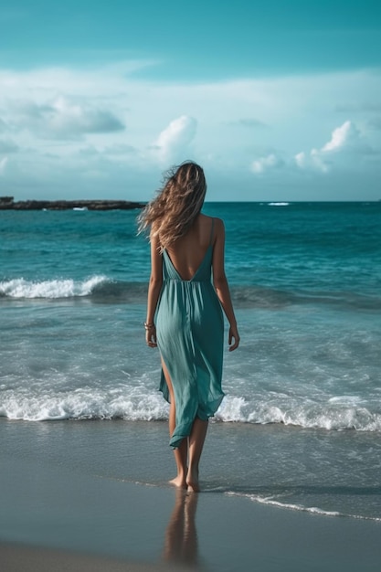 a girl in a summer turquoise dress goes to the sea along a sandy beach