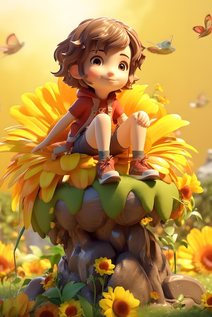A girl on a sunflower with a yellow background