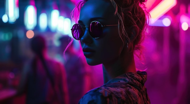 a girl in sunglasses and neon at nightclub