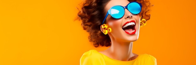 Girl in sunglasses posing on a colored background with a smile