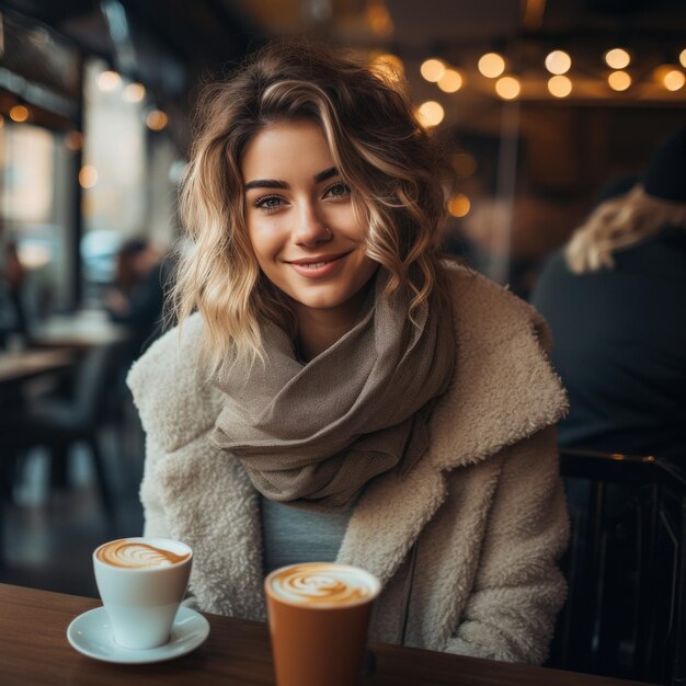 コーヒーを飲みながら屋外カフェに座っているサングラスをかけた女の子