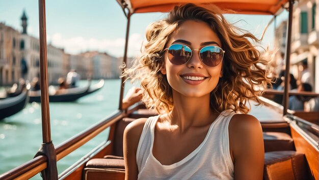 Девушка в солнцезащитных очках и солнечном платье едет на гондоле в Венеции
