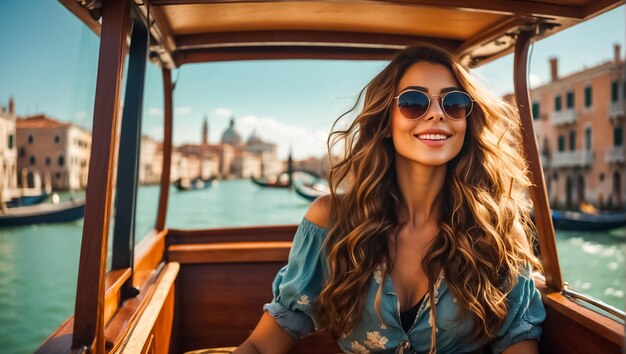 Девушка в солнцезащитных очках и солнечном платье едет на гондоле в Венеции