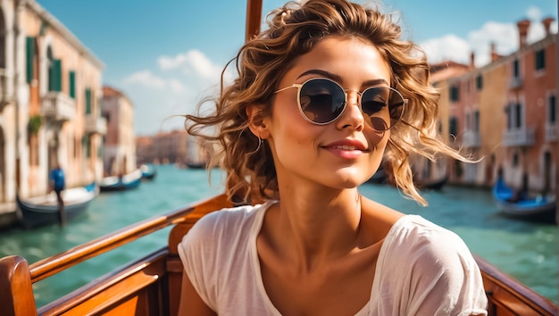 Photo a girl in sunglasses and a sundress rides a gondola in venice