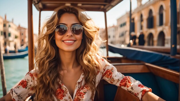 A girl in sunglasses and a sundress rides a gondola in Venice