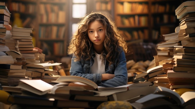 Girl surrounded by books Created with Generative AI technology