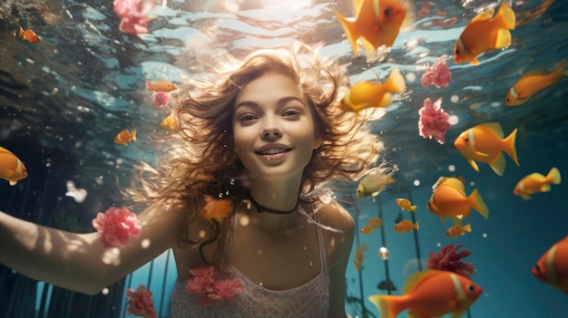Girl swimming underwater with colorful sea creatures and plants realistic render