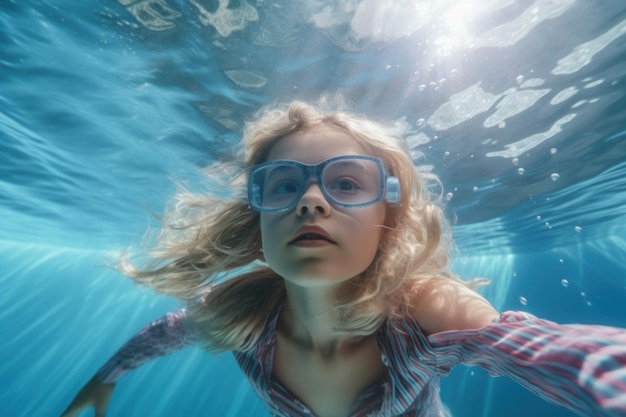 Девушка плавает под водой в голубых очках на голове.