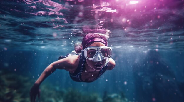 A girl swimming under the water with a mask on her head.