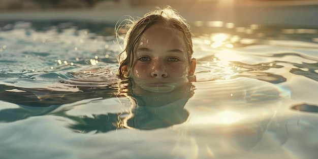 girl swims in the pool