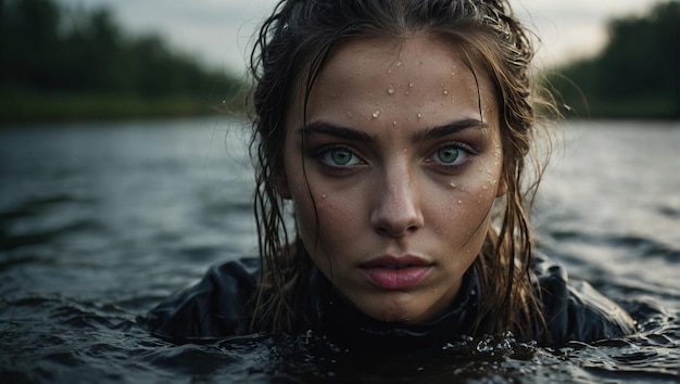 Girl swims in the water