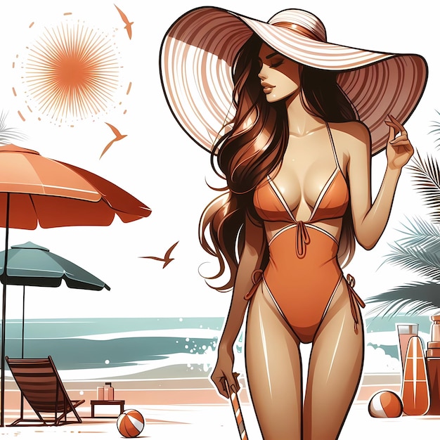 girl in a swimsuit on the beach illustration