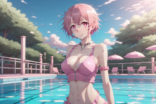 A girl in a swimsuit on the pool