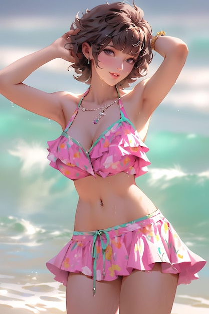 A girl in a swimsuit with a flower pattern on her top