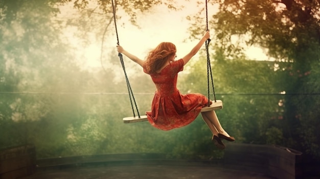 A girl on a swing in a forest