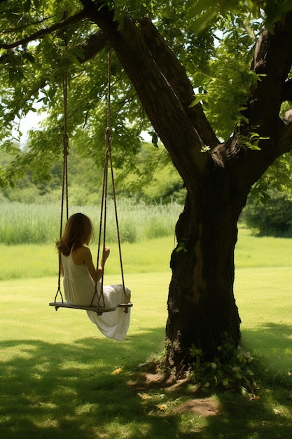 Girl on swing on a tree in the garden Backlight