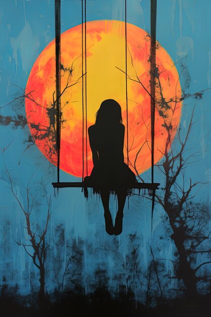 Photo a girl on a swing with the moon behind her