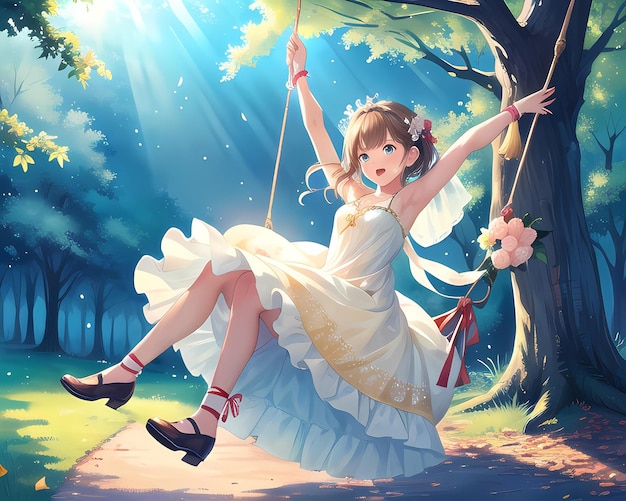 anime girl swinging on a swing with a lot of birds flying around.  generative ai. 28514016 Stock Photo at Vecteezy