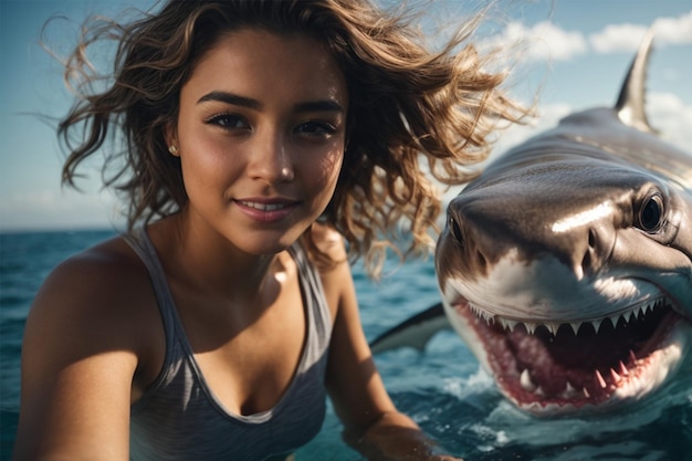 サメと一緒に自撮りする女の子