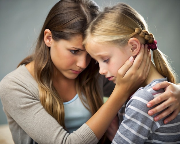 Photo a girl taking care of a scared troubled child