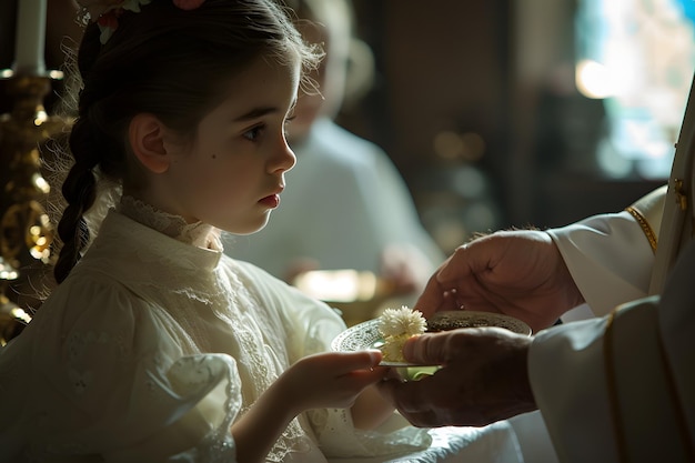 Foto ragazza che prende la comunione in chiesa il giorno della sua prima comunione