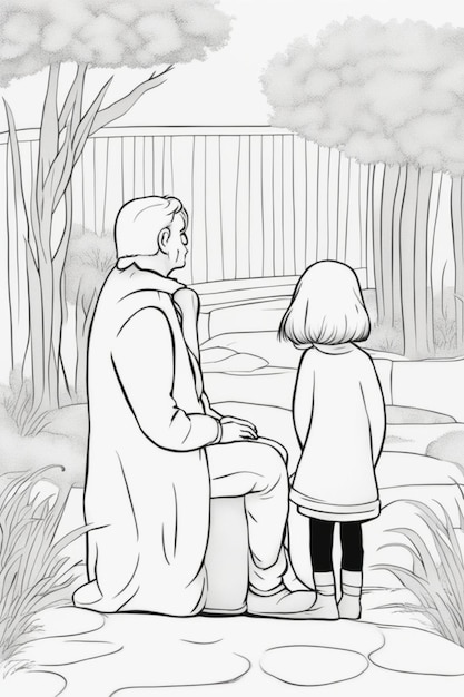 父と話す女の子 絵本を彩る 白い背景