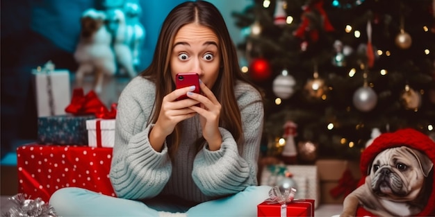 写真 クリスマスの背景で電話で話している女の子